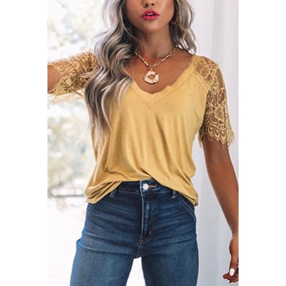POL Golden Yellow V Neck Lace Sleeve Rayon Jersey Tee - Picture 2 of 7
